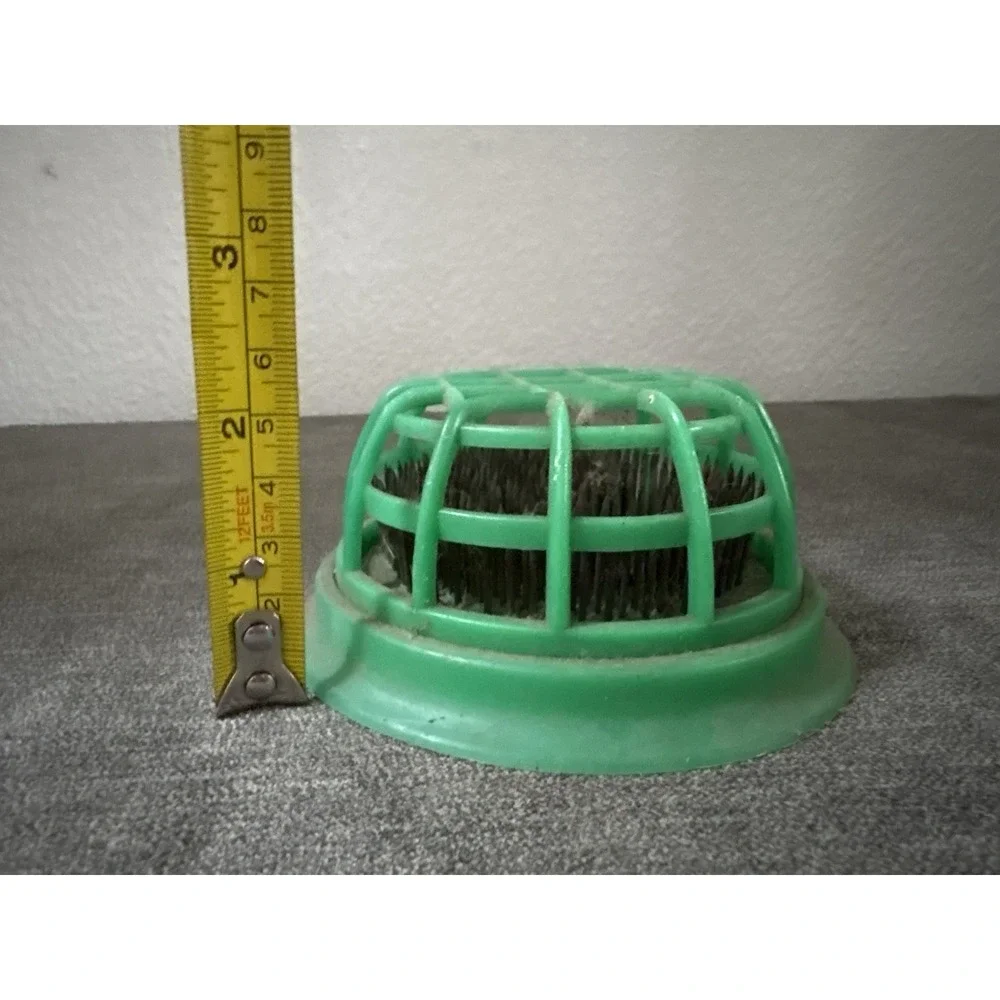 Vintage Metal Spikes Flower Frog Green Plastic Cage 4.5